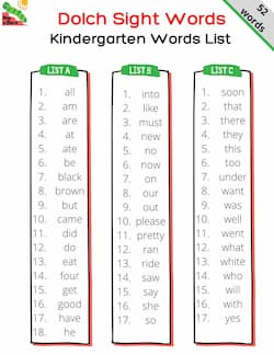 list of kindergarten dolch sight words